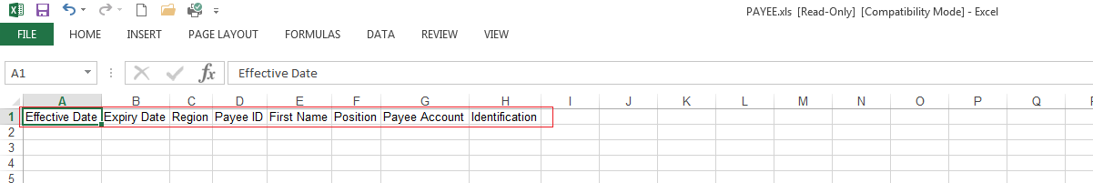 Template with Column Headings as Defined in Configuration Stage