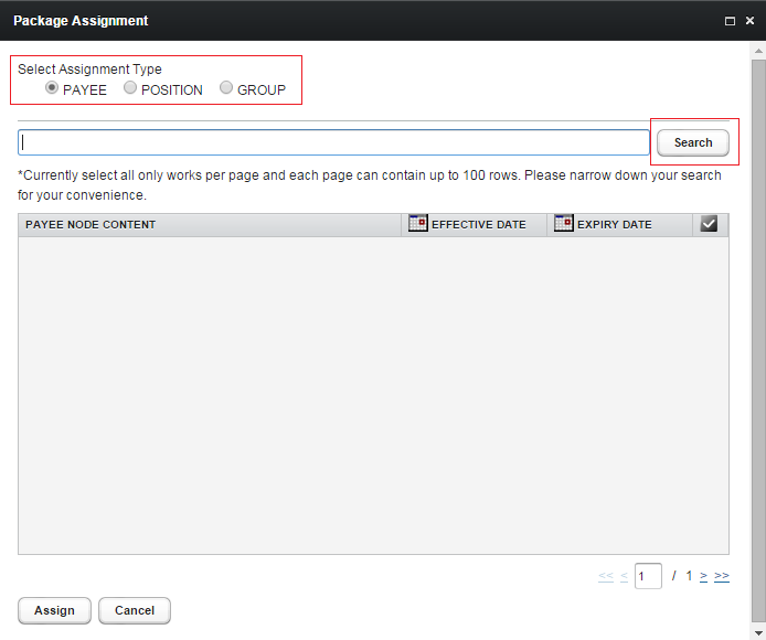 Select Assignment Type and Search Payees